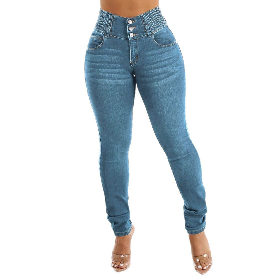 Jeans skinny taille haute pour femmes avec ceinture élastique et boutons décoratifs Chic & Stil