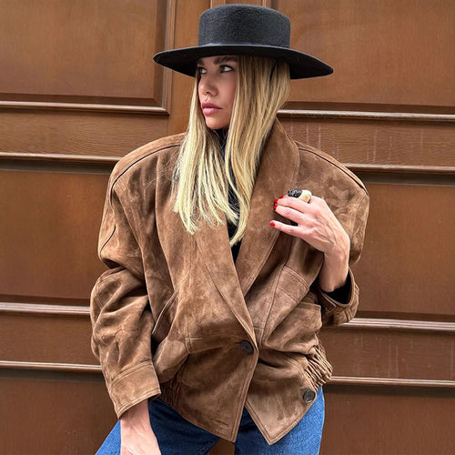 Oversized suede leather jacket for women with a modern cut and practical pockets Lune London