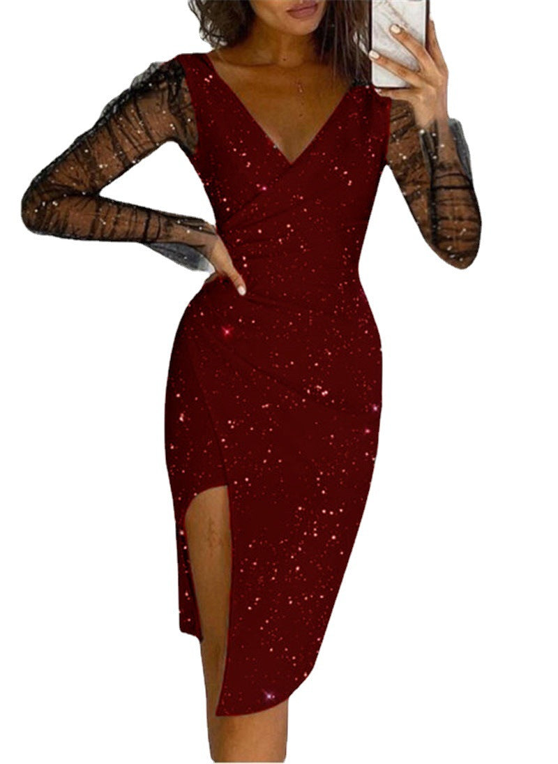 Ladies Elegant Wrap Dress with Transparent Sleeves and Shimmering Star Pattern Lune London