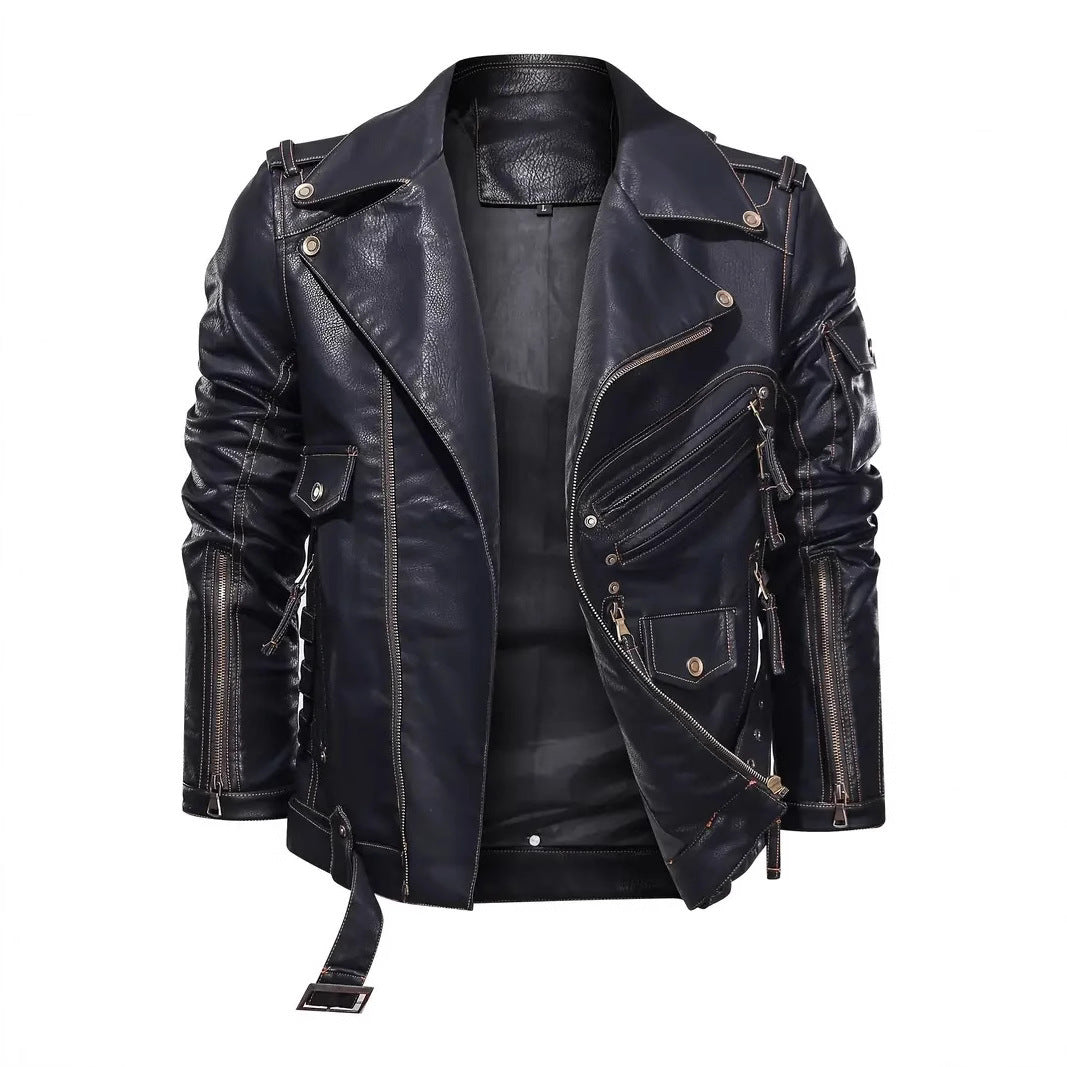 Stylish biker jacket for men with multiple zippered pockets and belt detail Lune London