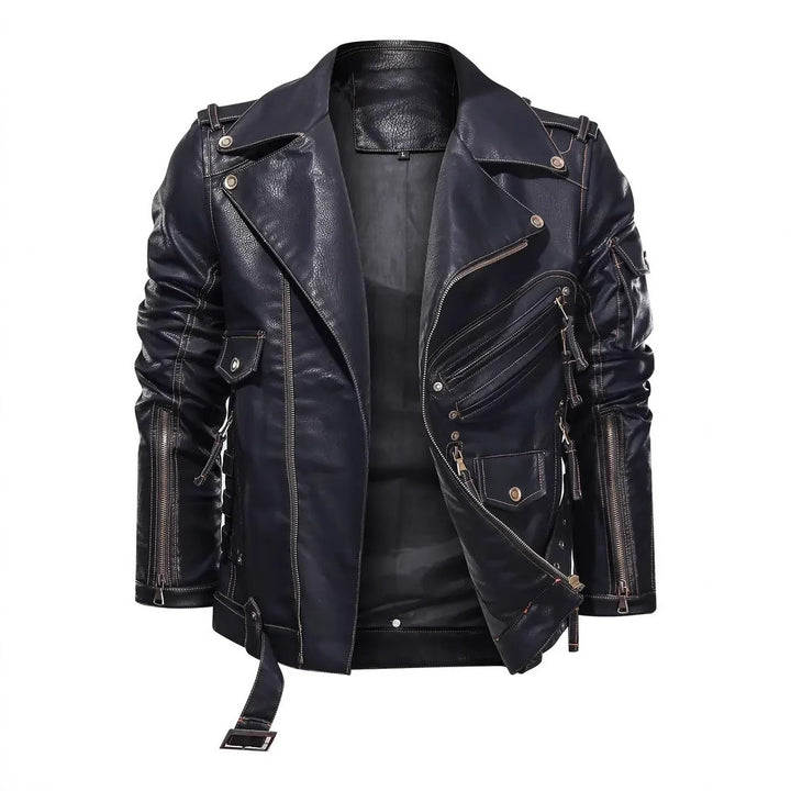 Stylish biker jacket for men with multiple zippered pockets and belt detail Lune London