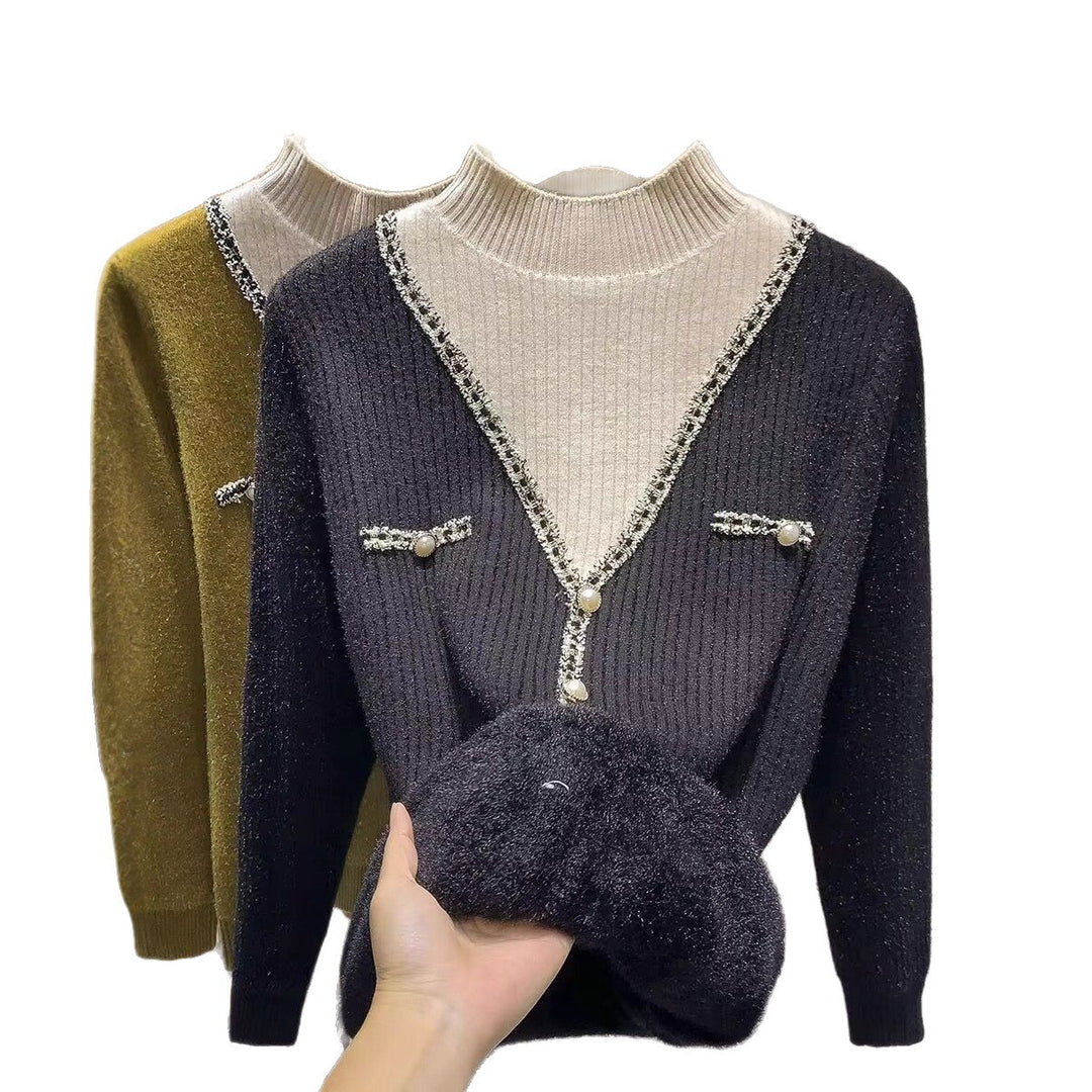 Pull femme à la mode avec col en V, détails scintillants et boutons Chic & Stil