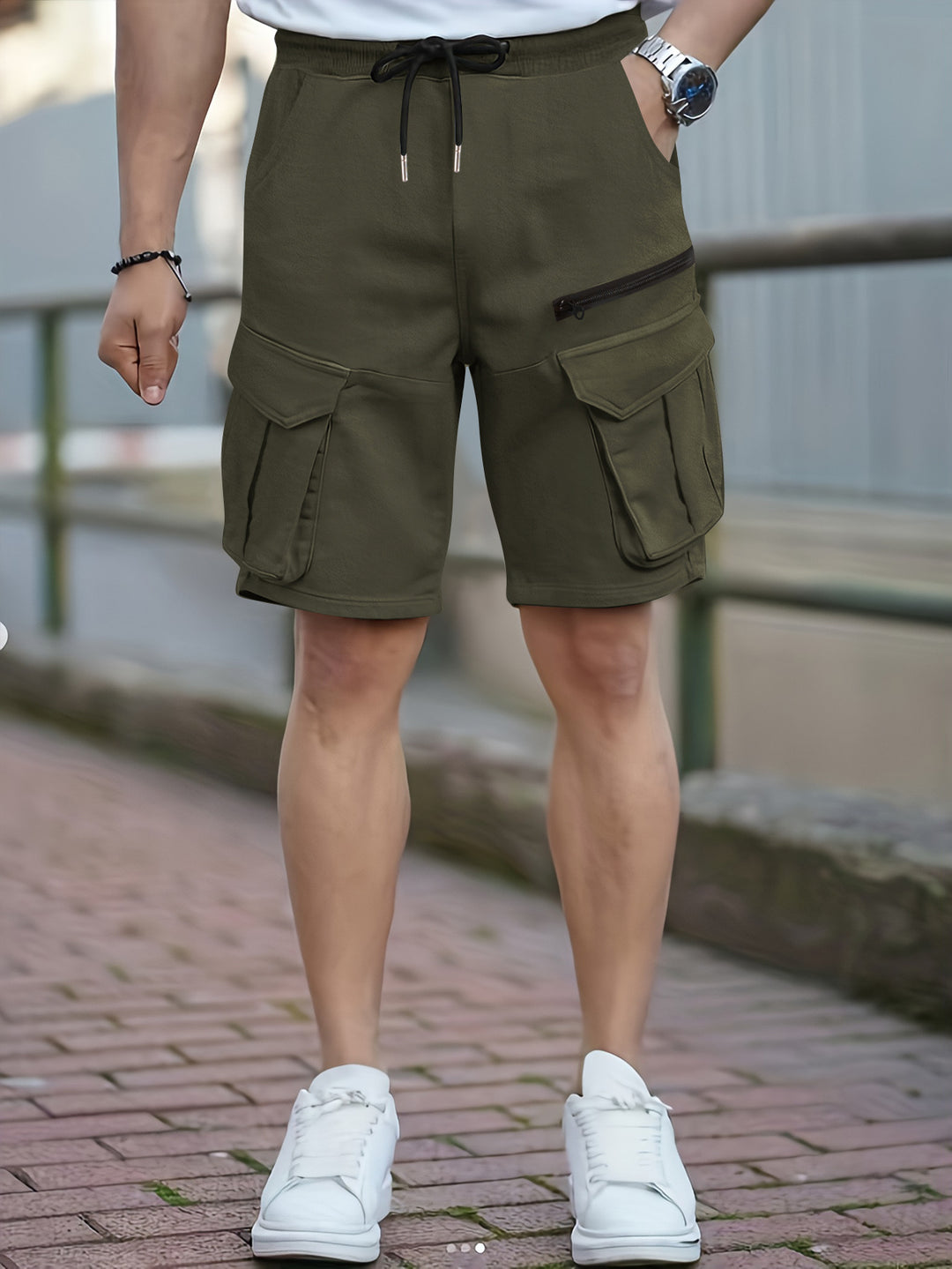 Men's cargo style utility shorts with multiple pocket design Lune London