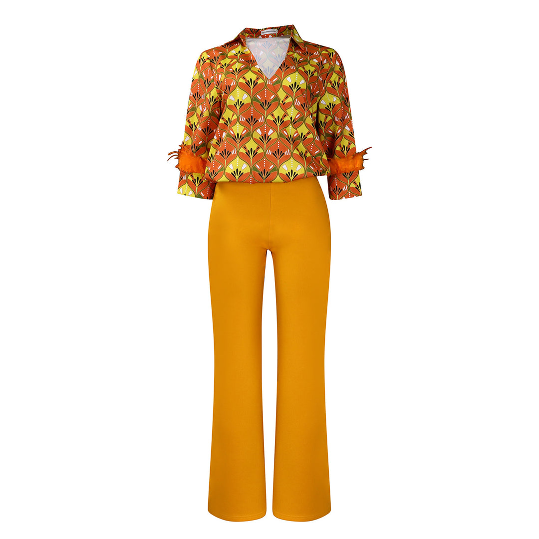 Expressive outfit for women with printed blouse and wide pants Lune London