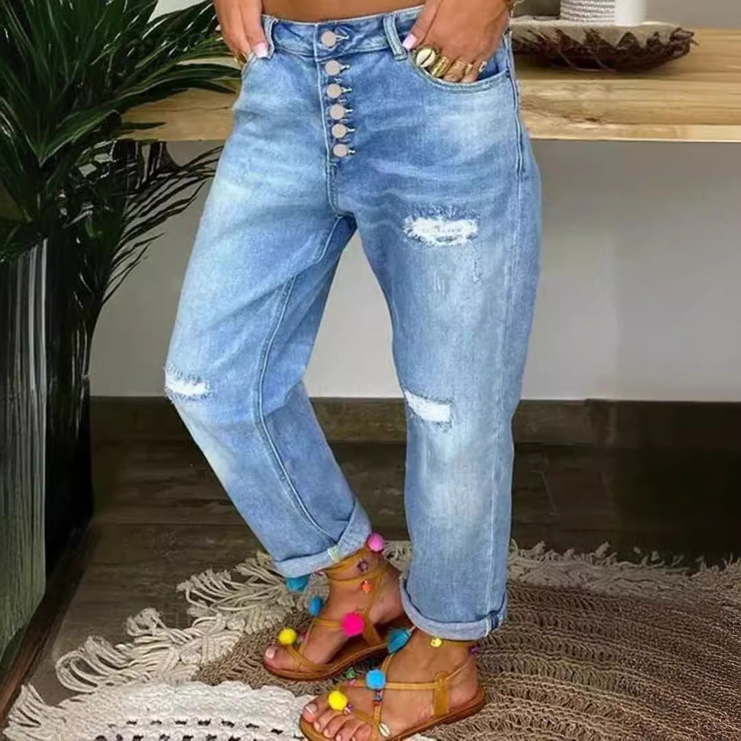 Women's Mom Jeans with button closure and stylish distressed details
