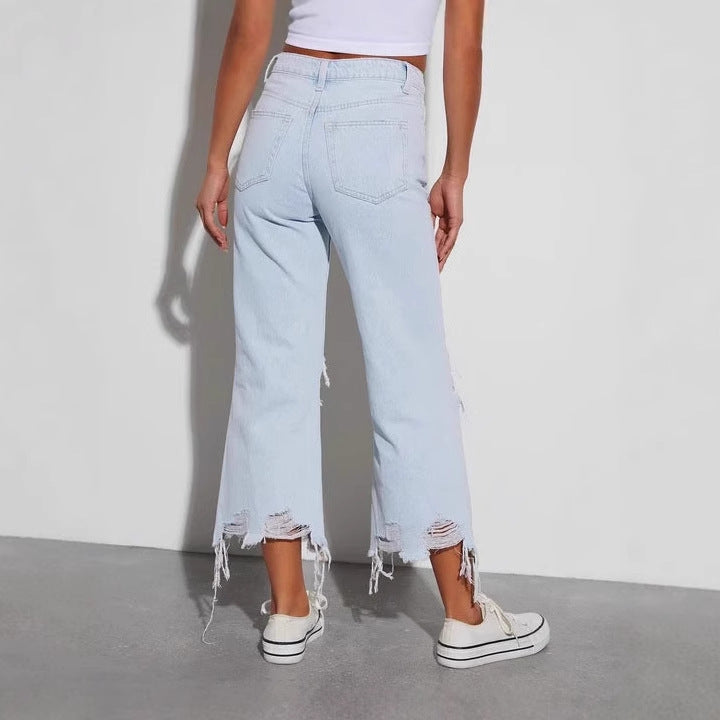 Ladies casual boyfriend jeans with eye-catching destroyed details and wide leg Lune London