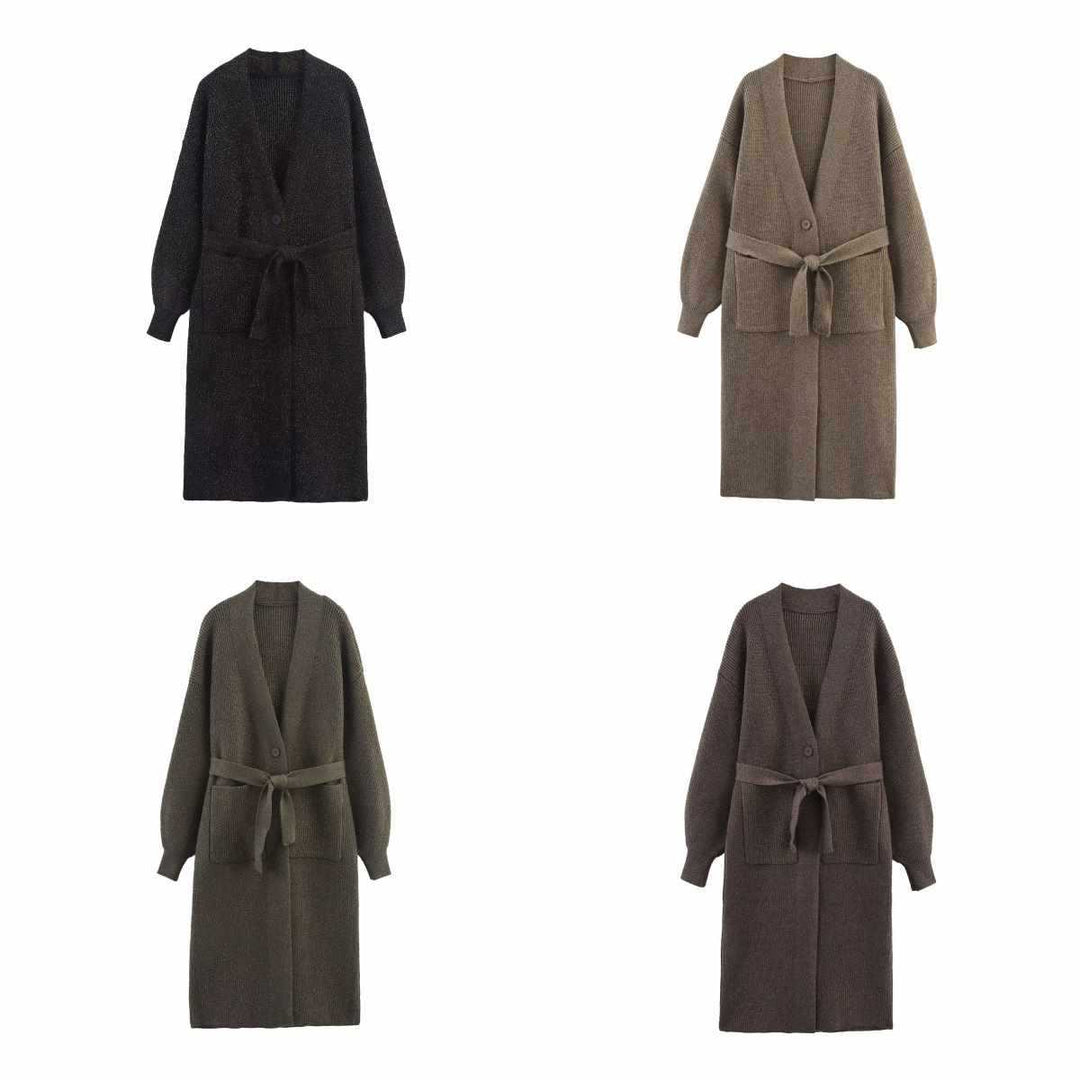 Ladies long knitted cardigan with waist belt Lune London