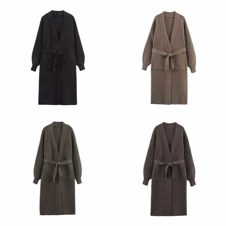 Ladies long knitted cardigan with waist belt Lune London