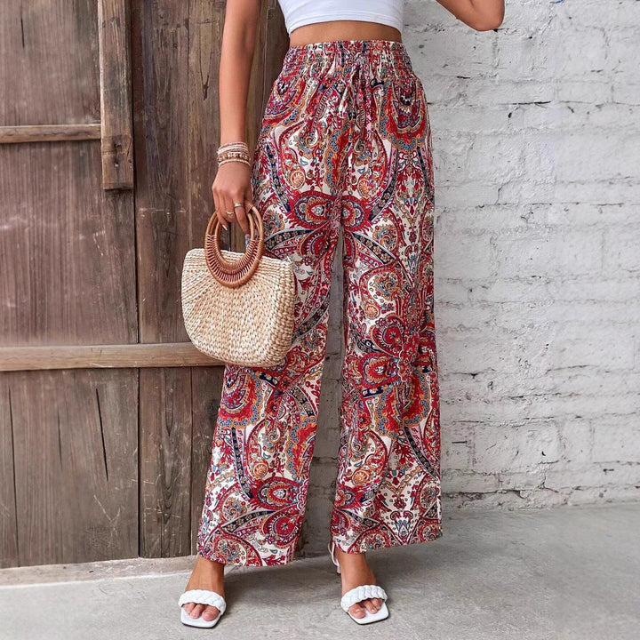 Women's Wide Palazzo Pants with Elastic Waistband and Paisley Pattern Lune London