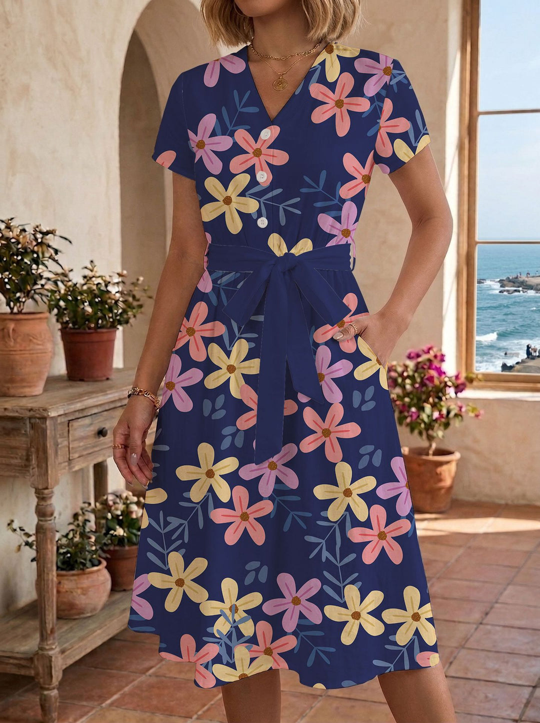 Women's casual maxi dress with adjustable knot and decorative check pattern Lune London