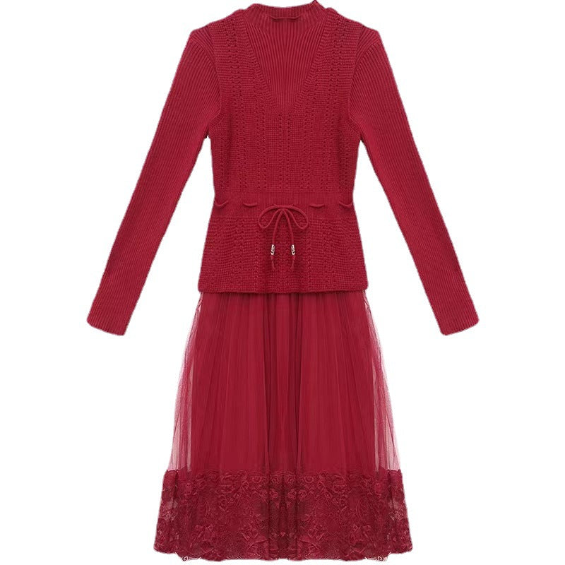 Elegant knit and tulle dress for women with floral lace finish Lune London