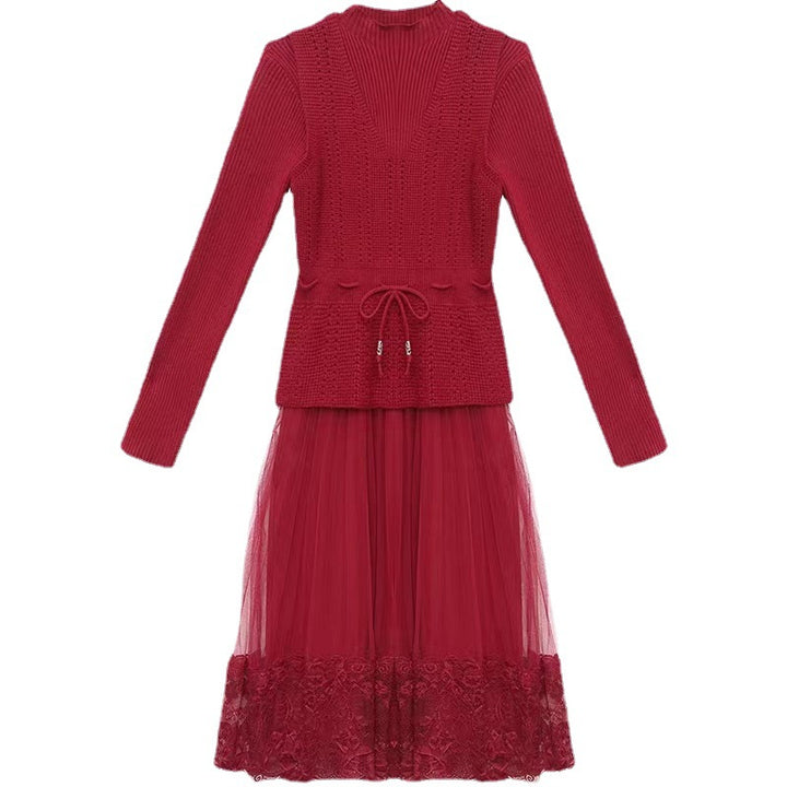 Elegant knit and tulle dress for women with floral lace finish Lune London