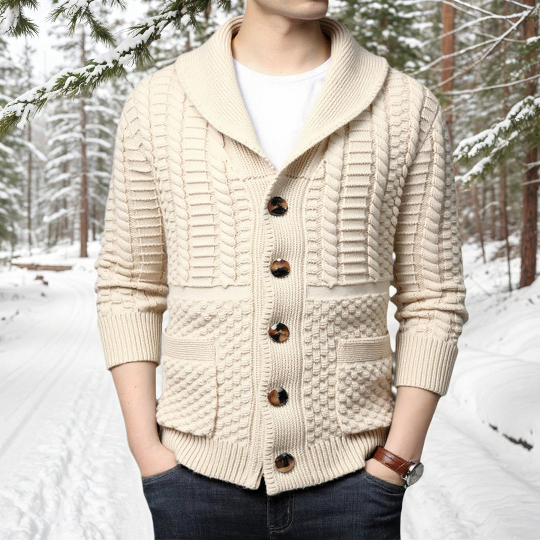Fashionable men's knit jacket with deep V-neck and stylish braid design Lune London