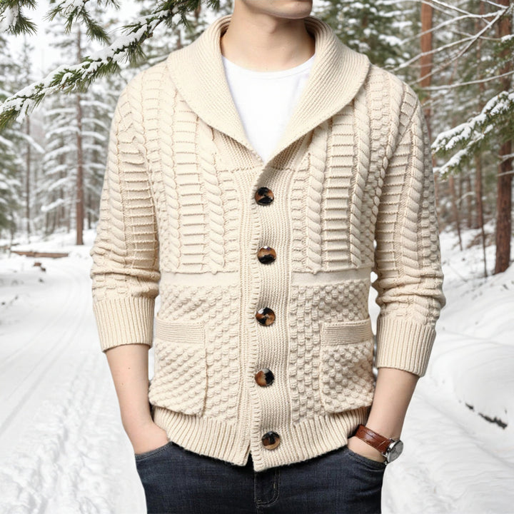 Fashionable men's knit jacket with deep V-neck and stylish braid design Lune London