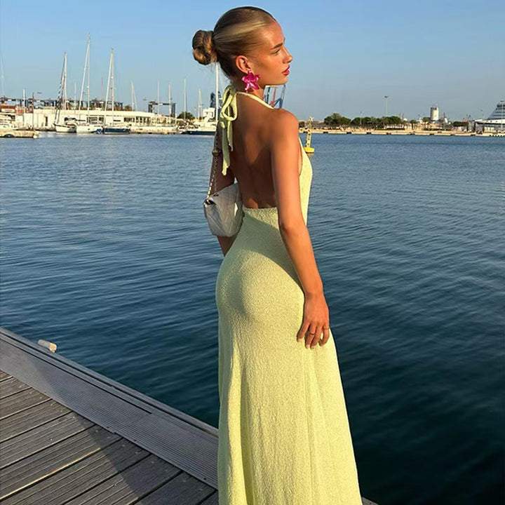 Maxi dress for ladies with floral appliqués and deep V neckline Lune London