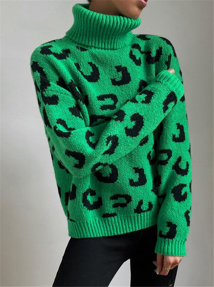 Lune London Women’s High Neck Sweater with Leopard Pattern