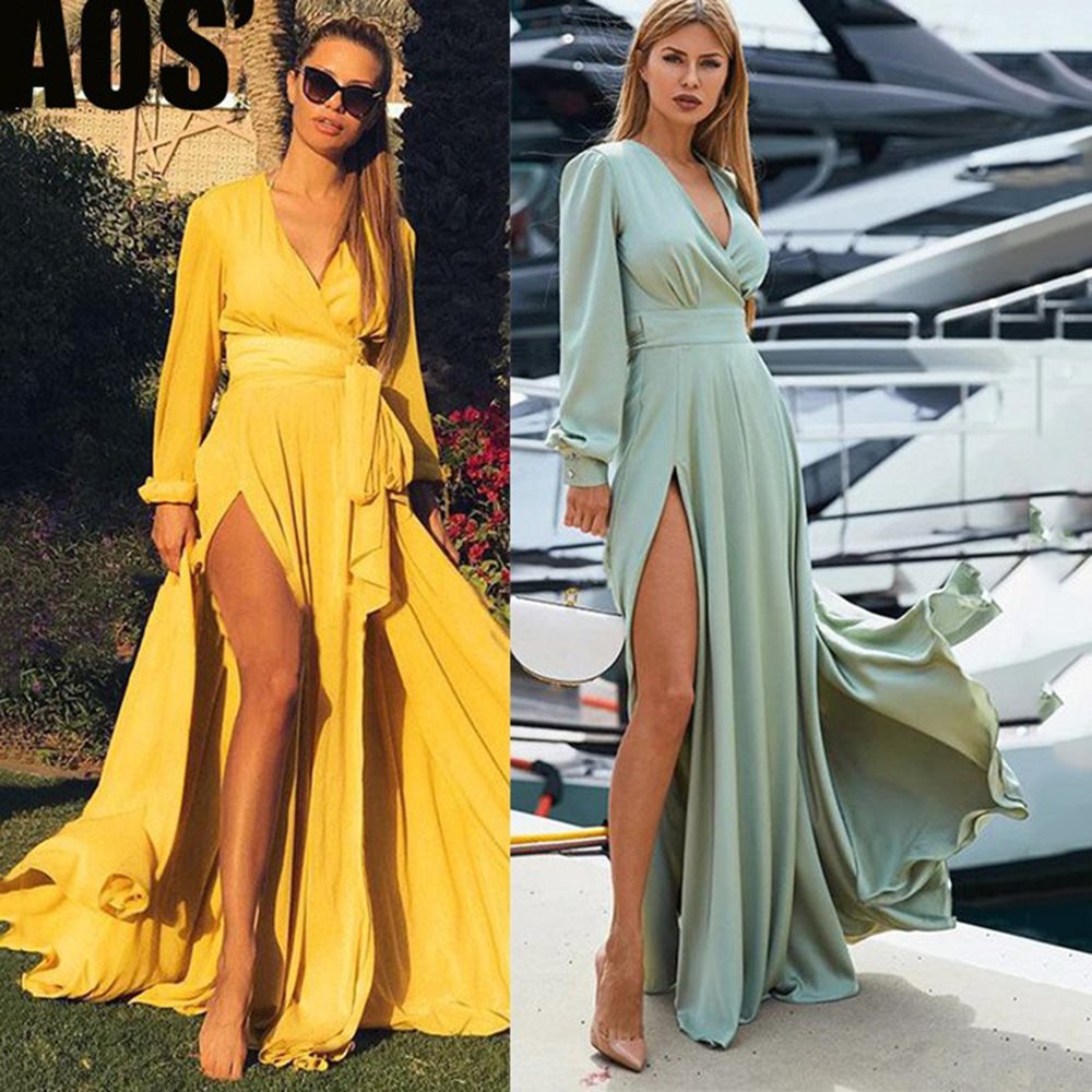 Maxi dress for women with an elegant wrap design and refined side slits Lune London