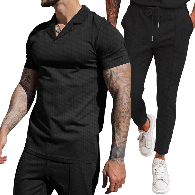 Elegant men's short sleeve polo with textured design and matching slim-fit trousers Lune London