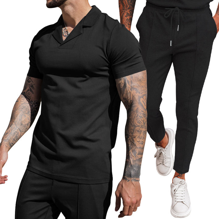 Elegant men's short sleeve polo with textured design and matching slim-fit trousers Lune London