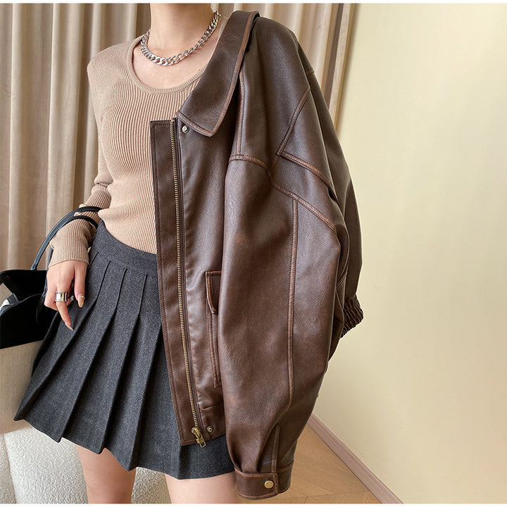 Casual faux leather jacket for women with practical pockets and elastic hem Lune London