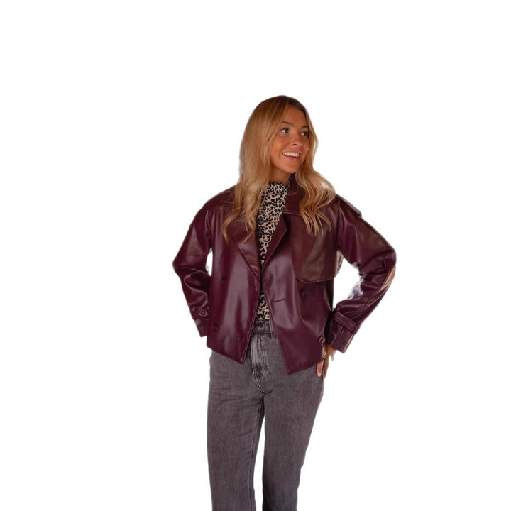 Short faux leather jacket for women with structured design and belted waist Lune London