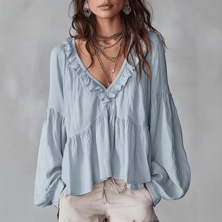 Women's Flowing Top with Ruffled Details and V-Neck Lune London