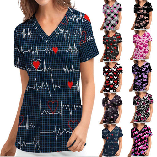 Women V Neck Heart Pattern Chic Medical Blouse and Style
