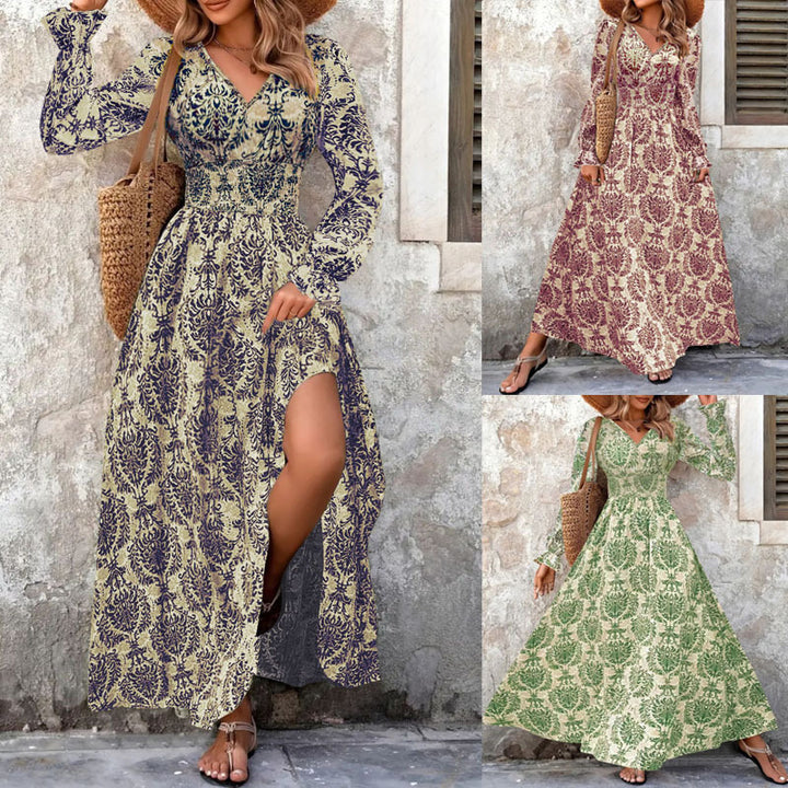Long maxi dress for women with floral Jacquard pattern and voluminous sleeves Lune London
