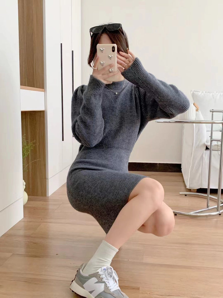 Elegant knitted dress for women with a fitted silhouette and puff sleeves Lune London
