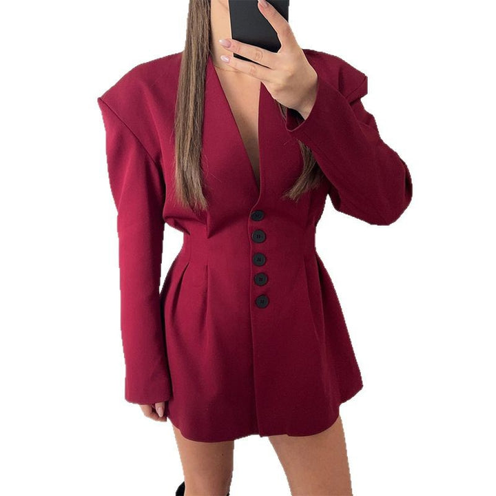 Trendy blazer dress for women with structured shoulders and deep V-neck Lune London