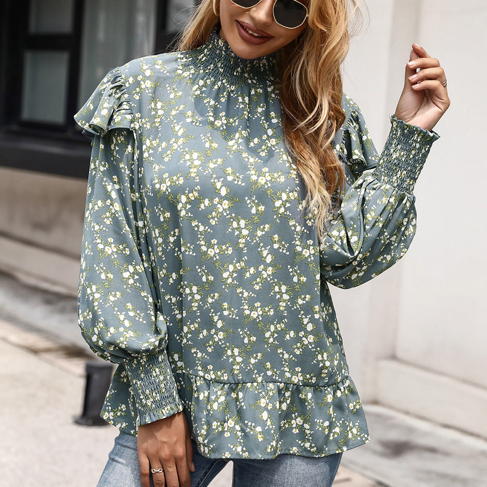 Elegant blouse for women with ruffle detail and high collar Lune London