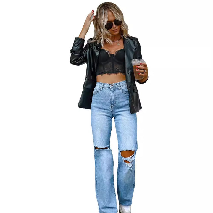 Casual high-waisted flared jeans for women with distressed details Lune London