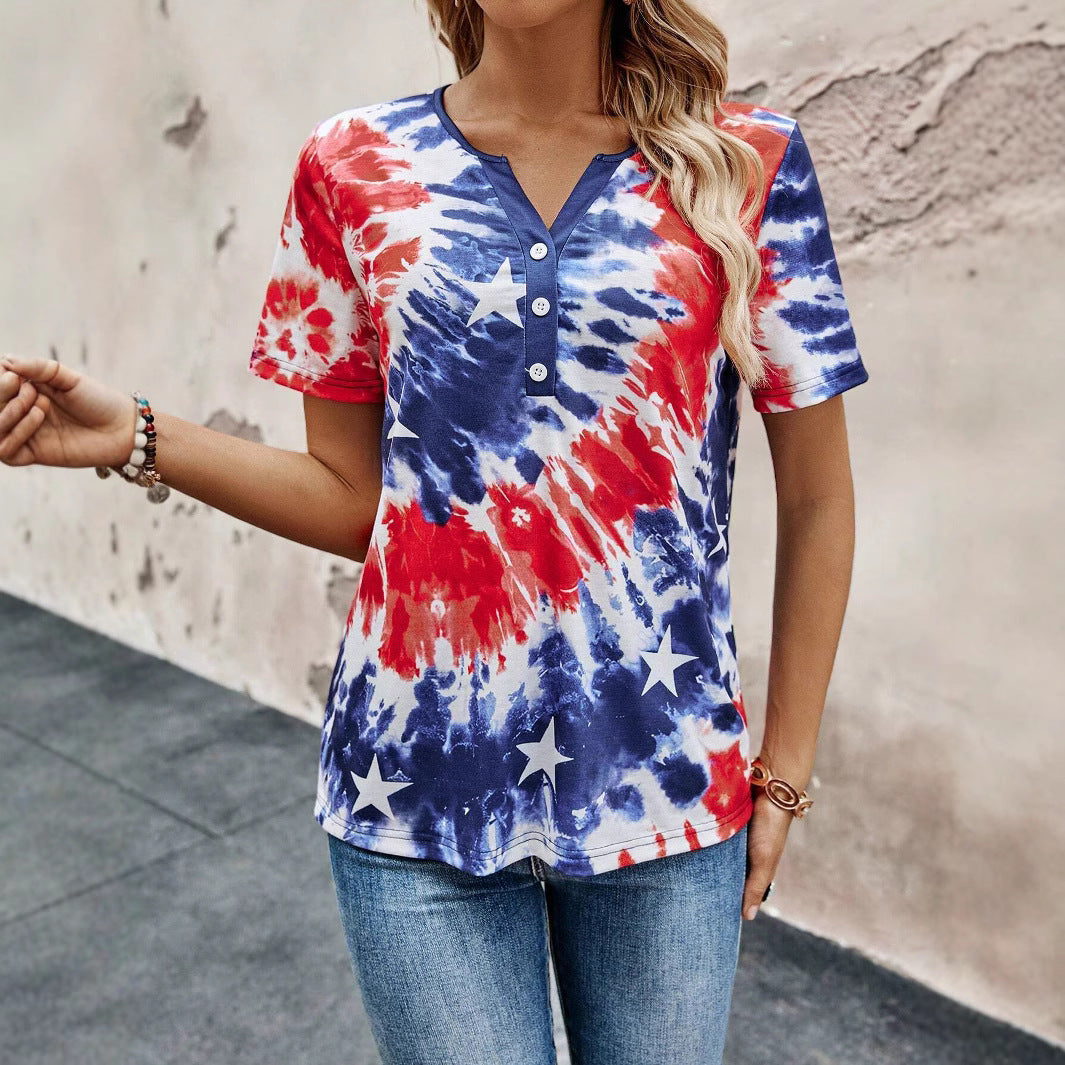 Short sleeve women's T-shirt with buttoned neck and playful batik design Lune London
