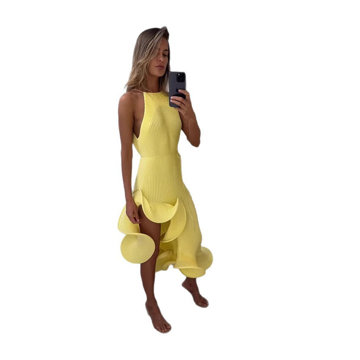 Women's maxi dress with asymmetrical ruffle and elegant pleated skirt Lune London
