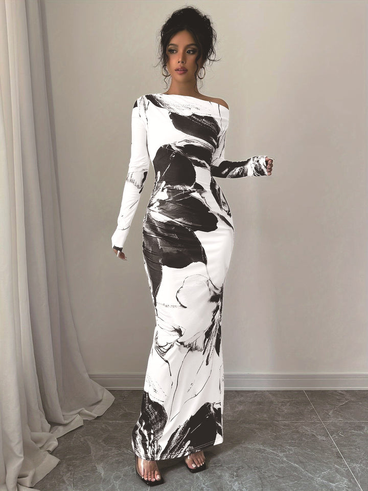 Ladies Elegant Maxi Dress with asymmetrical neckline and floral design Lune London