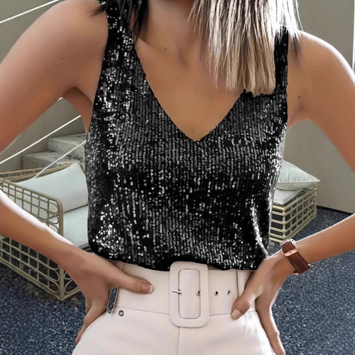 Women's Glittering Top with V-Neck and Sparkling Sequin Trim Lune London