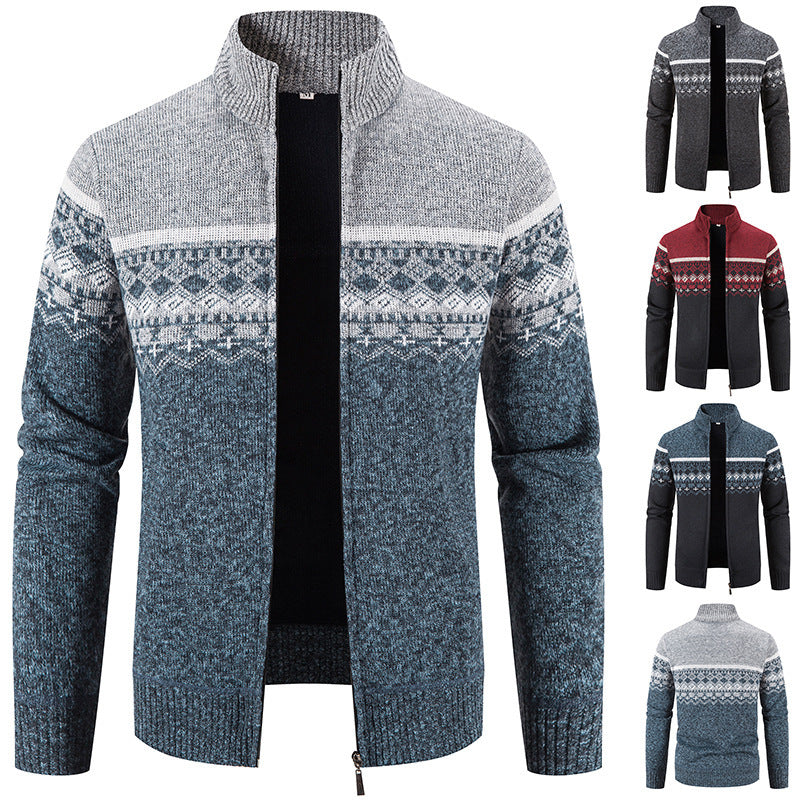 Men's knitted jacket with modern Norwegian pattern and high collar Lune London