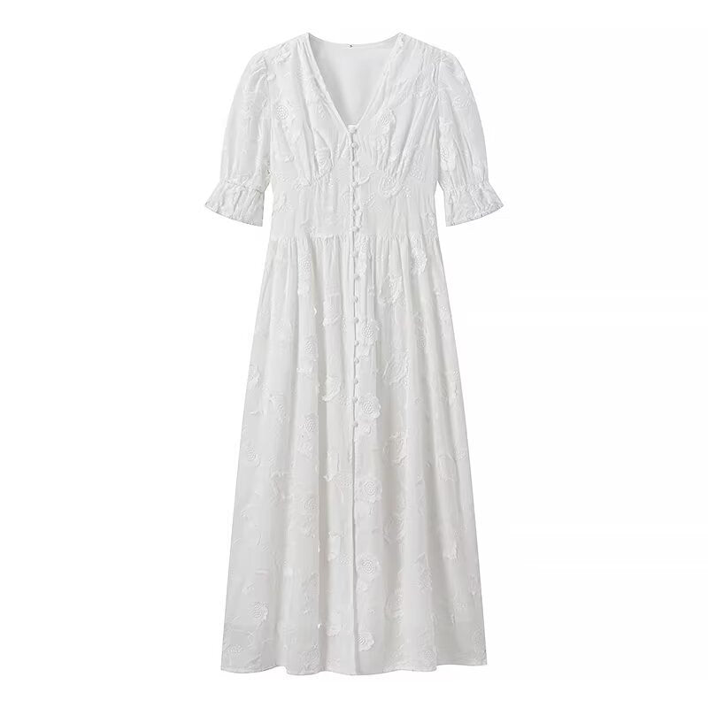 Maxi dress for women with floral embroidery design and elegant puff sleeves Lune London