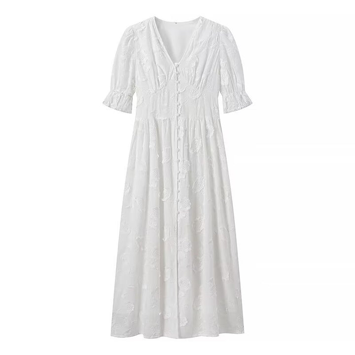 Maxi dress for women with floral embroidery design and elegant puff sleeves Lune London