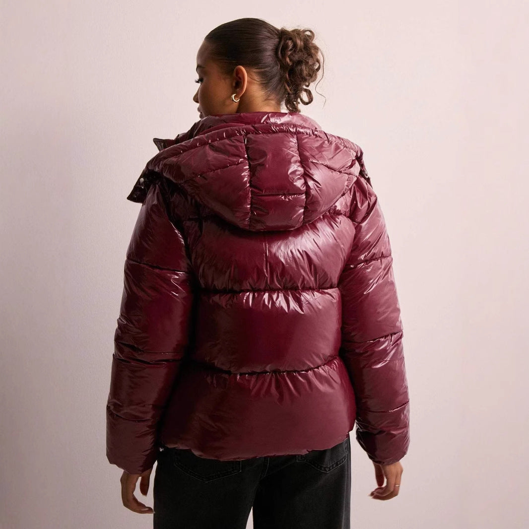 Ladies Shiny Quilted Jacket with Removable Hood Lune London