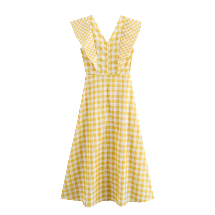 Maxi dress for women with V-neck and modern ruffle details Lune London