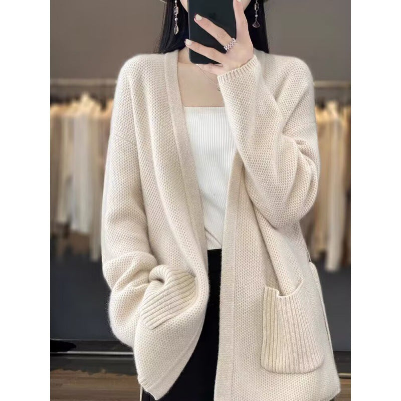 Women comfortable knit coat with belted waist and pockets Lune London