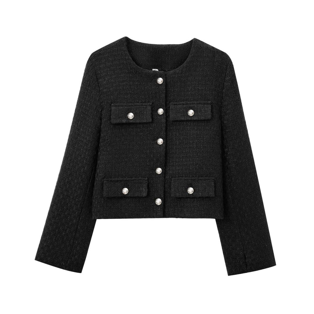 Elegant blazer jacket for women in structured tweed with decorative button details Lune London