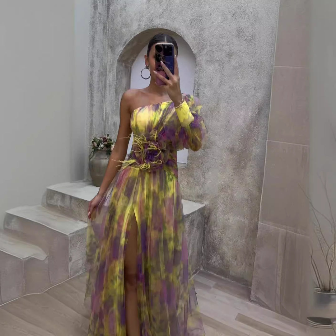 Women's evening dress with asymmetric design and floral accents Lune London