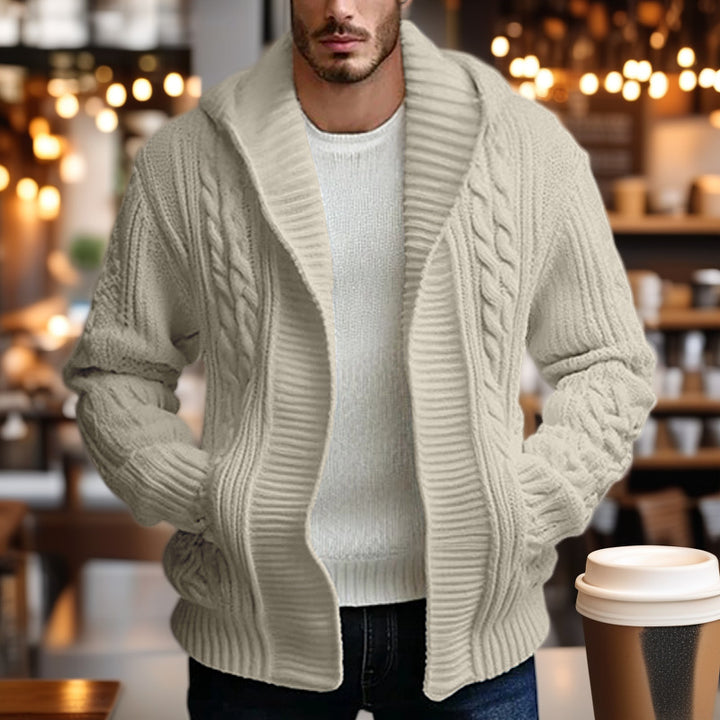 Thick knit jacket for men with wide collar and cable pattern Lune London
