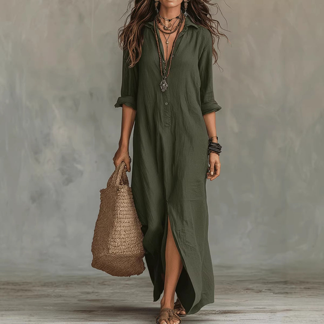 Women's Long Shirt Dress with Button Closure and Side Slit Lune London