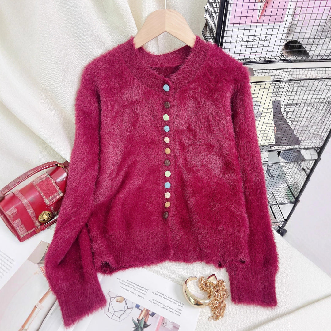Cardigan féminin en peluche avec des boutons colorés et un design ample Chic & Stil