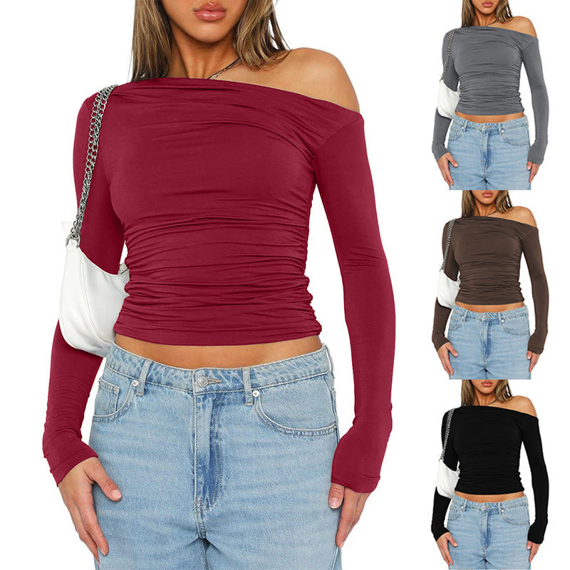 Fitted long sleeve t-shirt for women with asymmetric neckline and ruching Lune London