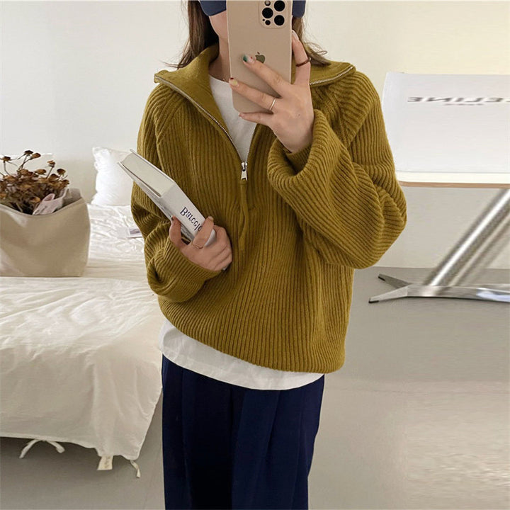 Pull en tricot épais pour femme avec fermeture éclair et col montant Chic & Stil
