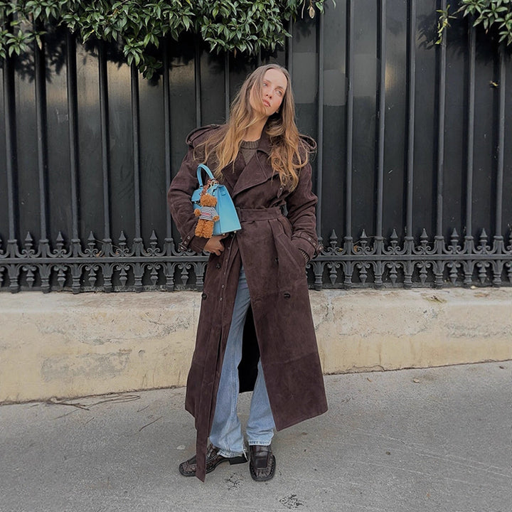 Ladies Elegant Suede Trench Coat with Wide Collar and Practical Pockets Lune London